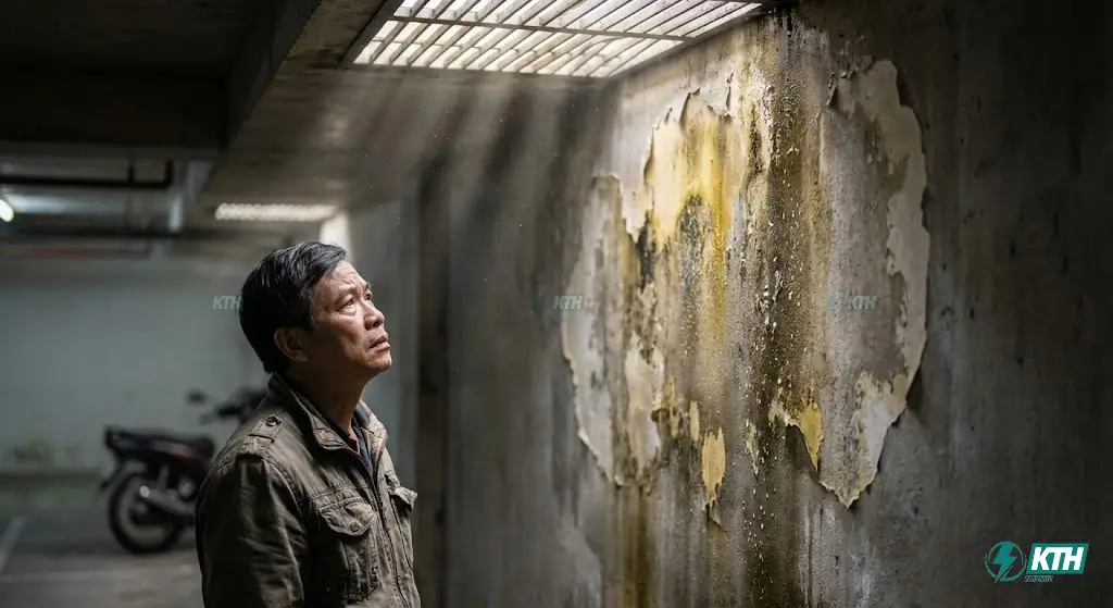 Dấu hiệu vách tường tầng hầm bị thấm nước ẩm mốc và bong tróc sơn do áp lực nước ngầm cần xử lý ngay