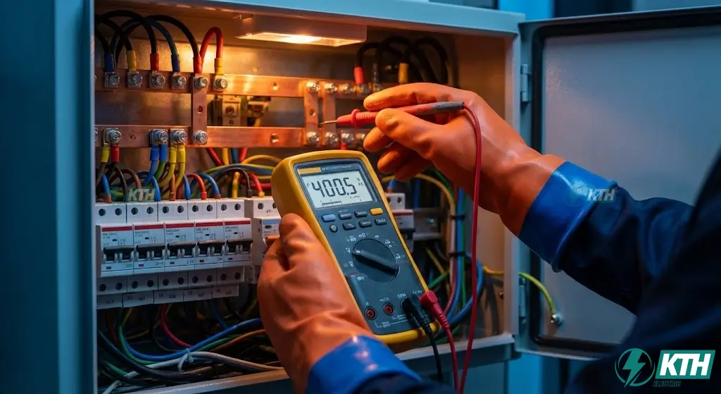 Kỹ thuật viên đo điện trở tiếp địa và kiểm tra đấu nối lưới điện 3 pha cho trạm sạc.