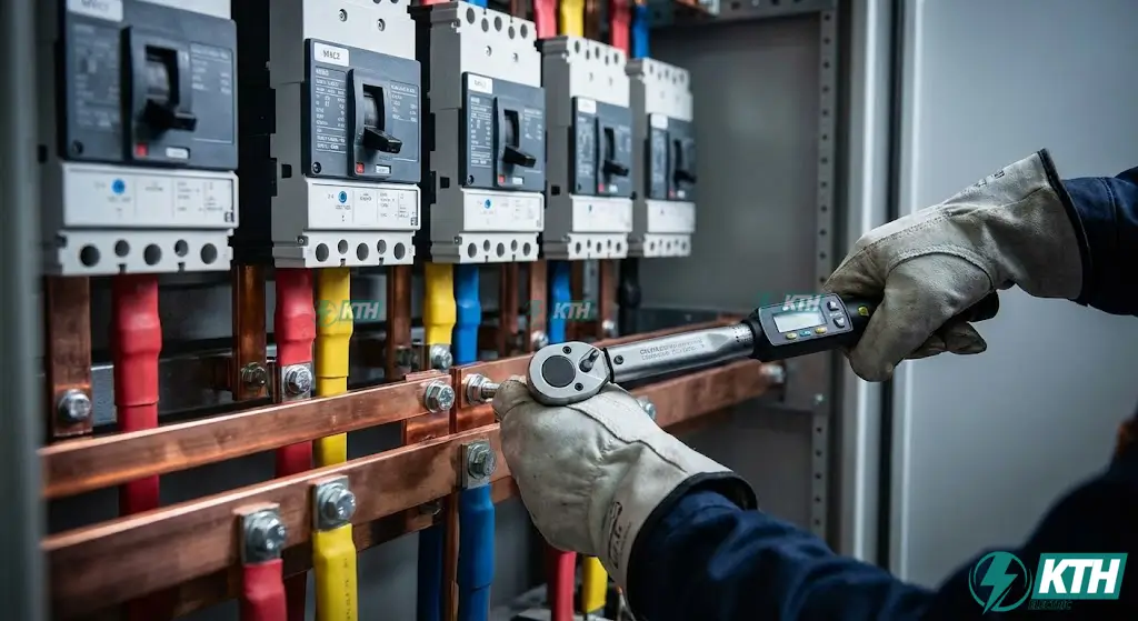 Hướng Dẫn Lắp Đặt Hệ Thống Điện Công Nghiệp: Quy Trình 8 Bước Chuẩn TCVN 4 Kỹ thuật viên đang đấu nối thanh cái đồng Busbar và siết ốc đúng lực trong tủ điện phân phối đảm bảo tiếp xúc điện tốt nhất.