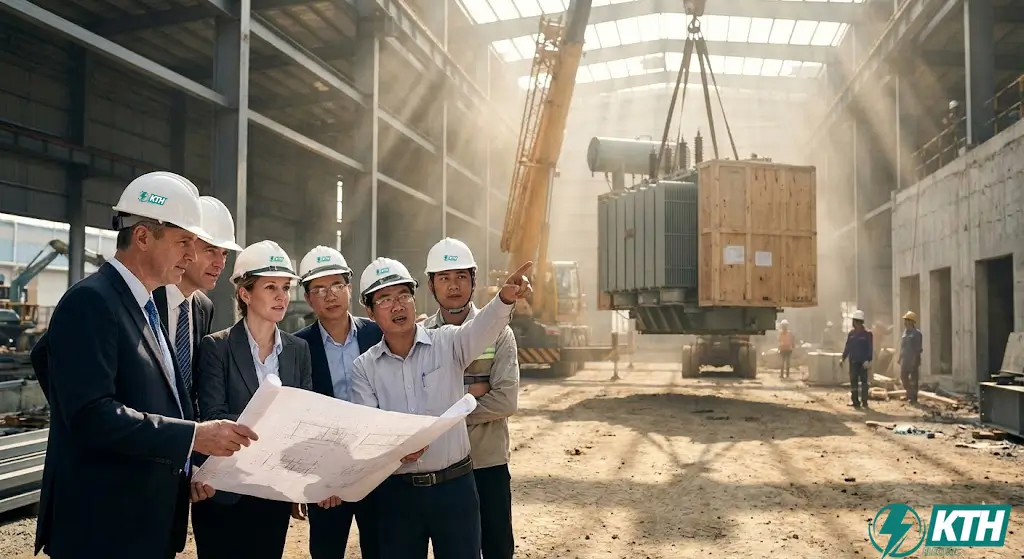 Các nhà đầu tư nước ngoài (FDI) và kỹ sư Việt Nam thảo luận triển khai hạ tầng điện trạm biến áp tại khu công nghiệp dưới tác động của chính sách đất đai mới.