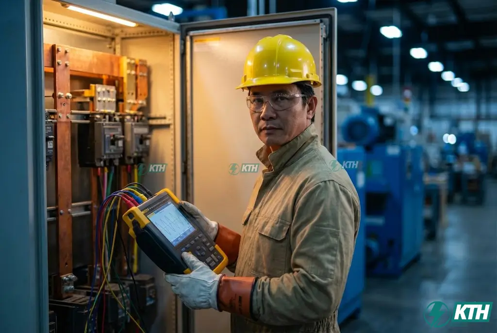 Kỹ sư KTH Electric đang thực hiện dịch vụ đo kiểm chất lượng điện năng và phân tích sóng hài bằng máy đo Fluke 435-II chuyên dụng tại nhà máy công nghiệp.