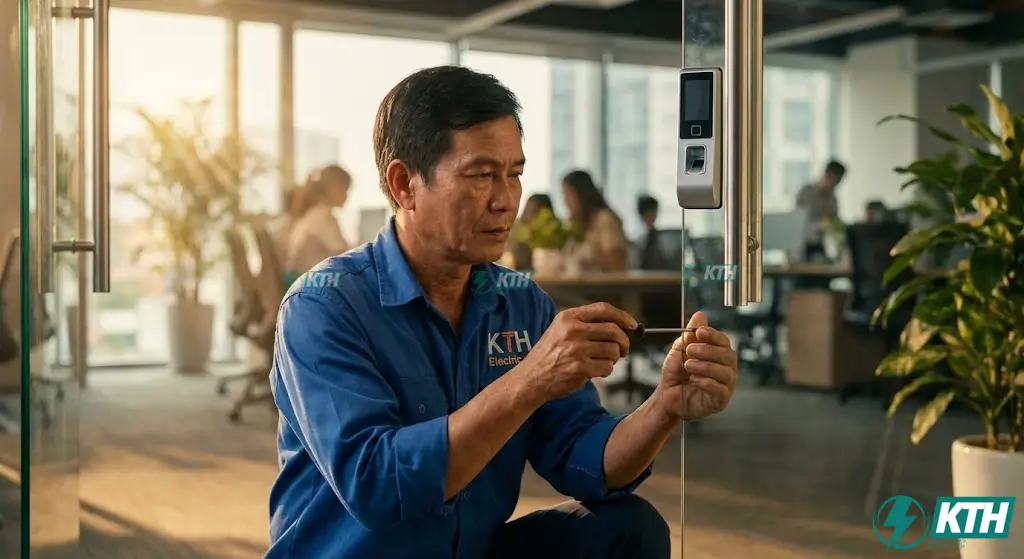 Kỹ sư KTH Electric đang lắp đặt hệ thống access control kiểm soát cửa ra vào vân tay cho văn phòng tại TPHCM.