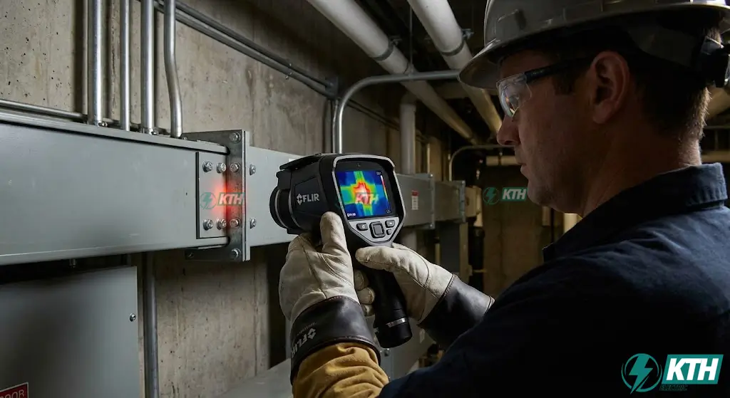 Kỹ thuật viên đang sử dụng camera nhiệt hồng ngoại chuyên dụng để kiểm tra phát nhiệt tại mối nối hệ thống Busway.