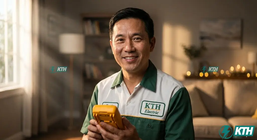 Kỹ sư điện KTH Electric mặc đồng phục đang cầm đồng hồ đo điện kiểm tra sự cố tại phòng khách hộ gia đình ở TPHCM.