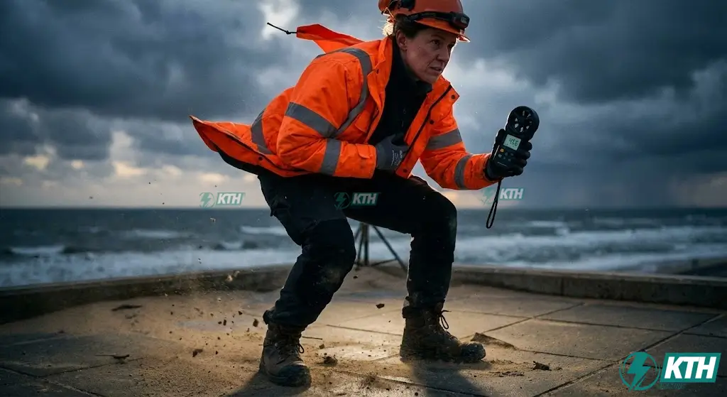 Hình ảnh kỹ sư đo đạc thực tế vận tốc gió 3 giây (3s gust wind speed) tại vùng ven biển để tính toán tải trọng theo tiêu chuẩn mới.