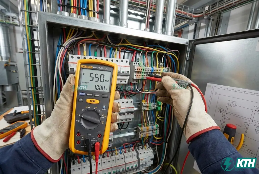 IEC 60364 Là Gì? Cẩm Nang Lắp Đặt Điện & TCVN 7447 (Update 2026) 4 Kỹ thuật viên sử dụng máy đo điện trở cách điện Megomet để kiểm tra an toàn hệ thống điện theo quy trình Testing & Commissioning IEC 60364-6.