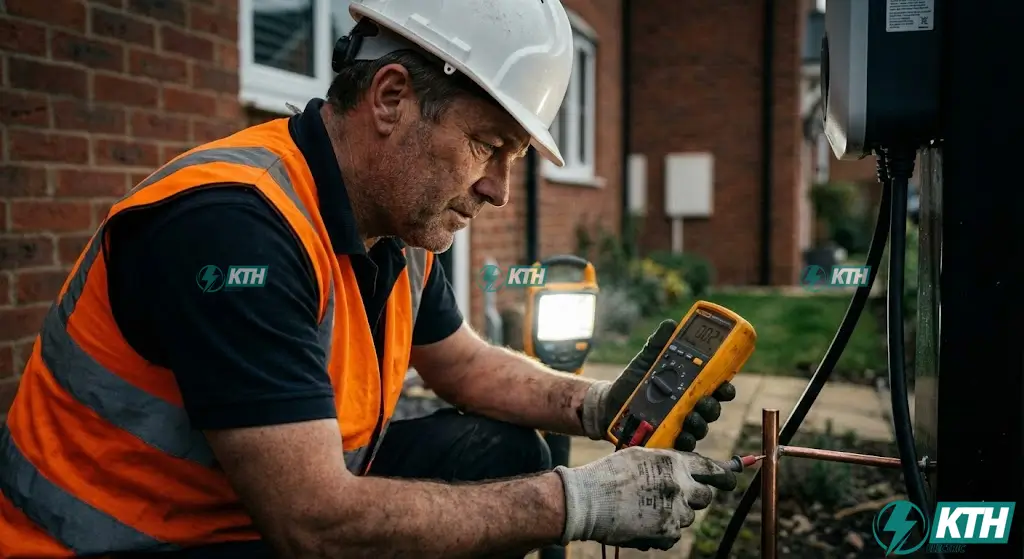 Kỹ sư điện KTH Electric đang đo điện trở tiếp địa cho hệ thống sạc xe điện tại nhà bằng máy đo chuyên dụng.