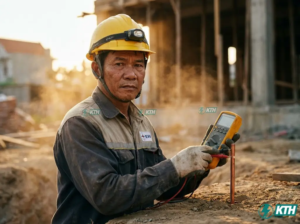 Kỹ sư điện KTH Electric đo điện trở tiếp địa hệ thống sạc xe điện đảm bảo tiêu chuẩn dưới 4 Ohm an toàn.