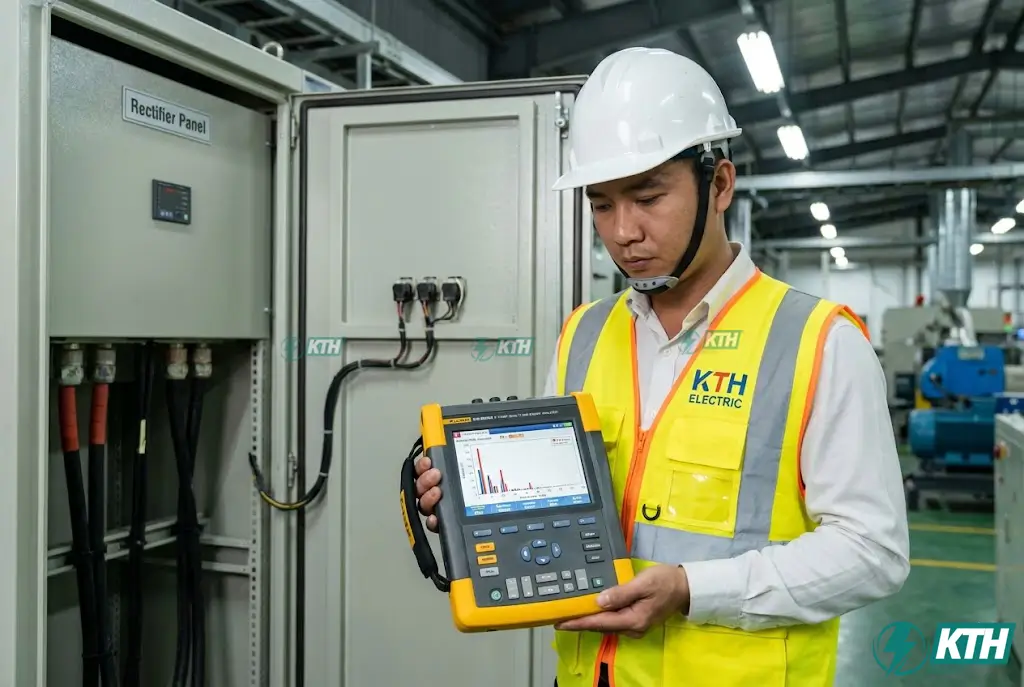 Kỹ sư KTH Electric sử dụng máy phân tích chất lượng điện năng để đo kiểm sóng hài và tư vấn lắp đặt bộ lọc Active Filter.