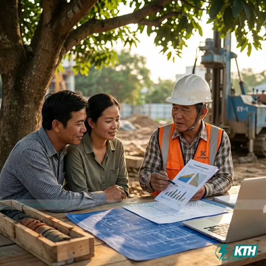Chuyên gia KTH Electric hướng dẫn chủ đầu tư đọc kết quả báo cáo địa chất để chọn phương án móng.