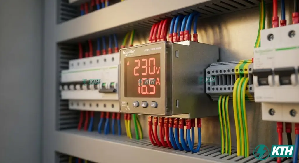 Đồng hồ đo điện thông minh và cảm biến dòng điện CT được lắp đặt trong tủ điện công nghiệp chính xác cao