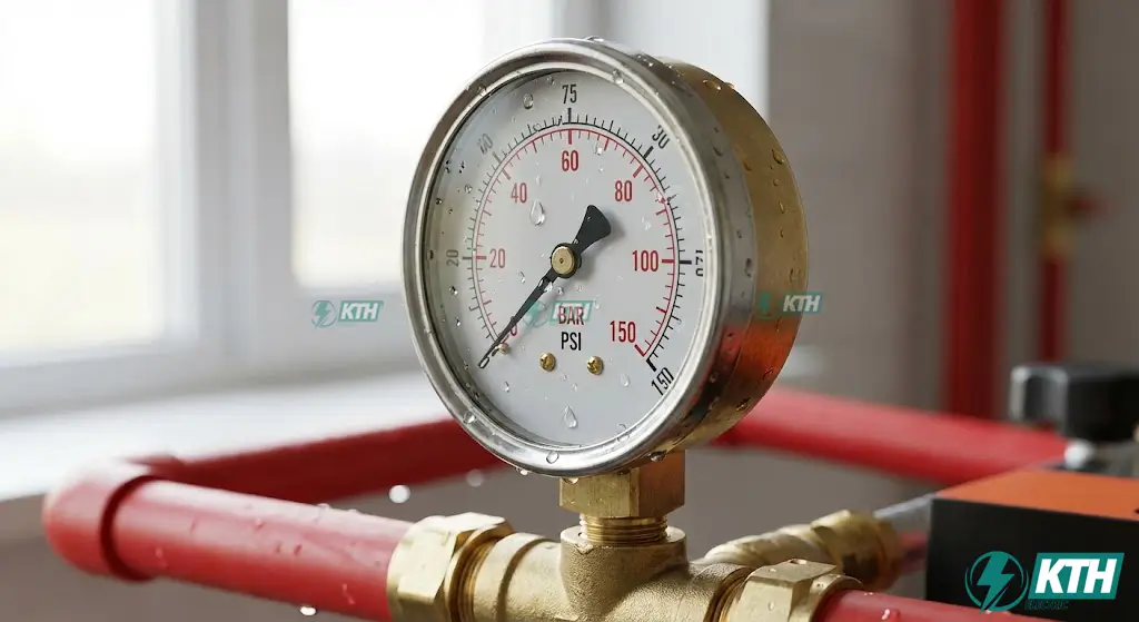 Đồng hồ máy bơm nén áp lực hiển thị 10 Bar trong quy trình thử kín đường ống nước PPR trước khi nghiệm thu