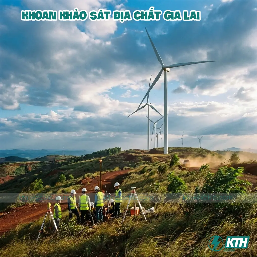 Khoan Khảo Sát Địa Chất Gia Lai: Xử Lý Đất Bazan & Báo Giá 2026 4 Đội ngũ KTH Electric thực hiện khoan khảo sát địa chất cho dự án điện gió tại địa hình đồi núi Chư Prông.