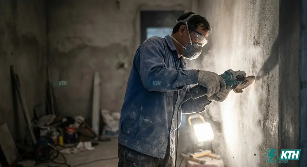 Quy trình mài sàn và vệ sinh bề mặt tường cũ trước khi thi công chống thấm để đảm bảo độ bám dính.