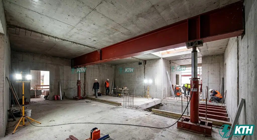 Kỹ thuật gia cố kết cấu nhà phố bằng hệ khung dầm thép I chịu lực khi phá dỡ tường gạch cũ.