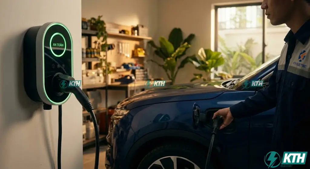 Hệ thống trạm sạc Wallbox 7kW được lắp đặt chuẩn kỹ thuật tại gara gia đình cho xe VinFast VF8, đảm bảo an toàn điện và bảo vệ pin.