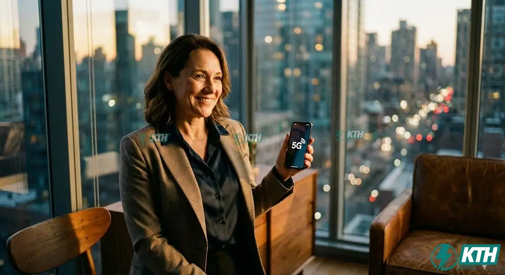 Một nữ giám đốc đang sử dụng điện thoại với sóng 5G đầy vạch bên trong tòa nhà kính cao tầng nhờ hệ thống phủ sóng IBS In-Building Solution.