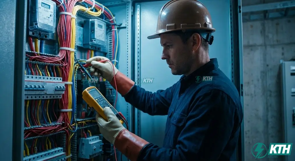 Kỹ sư điện KTH đang đo kiểm tra đấu nối tủ điện MSB bằng đồng hồ vạn năng Fluke để đảm bảo an toàn điện.