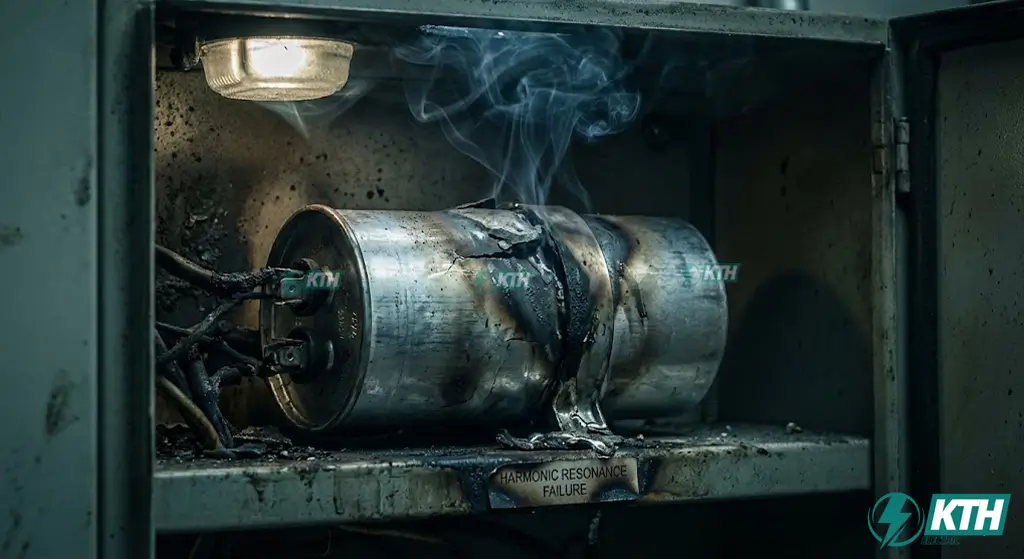 Cận cảnh tụ bù bị phồng và nổ do hiện tượng cộng hưởng sóng hài trong hệ thống điện, gây hư hỏng thiết bị và gián đoạn sản xuất.