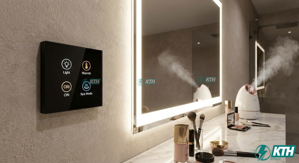 Khu vực Home Spa sử dụng đèn LED High CRI trung thực màu sắc và công tắc thông minh điều khiển ngữ cảnh.