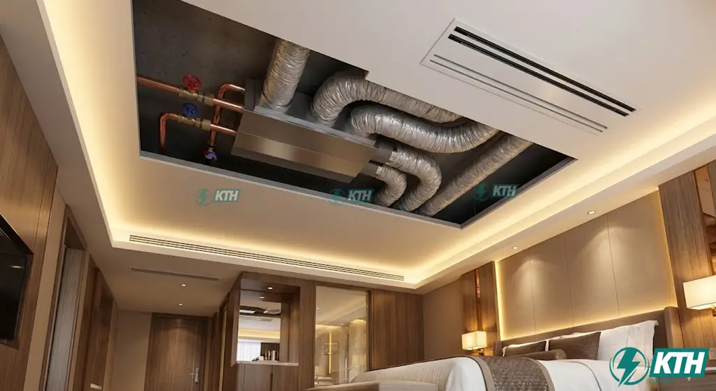 Hệ thống điều hòa FCU âm trần nối ống gió được lắp đặt giấu kín trên trần thạch cao trong phòng khách sạn cao cấp.