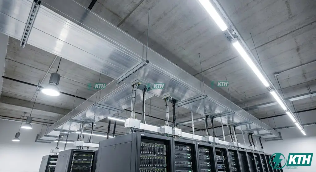 Hệ thống thanh dẫn điện Busway kết cấu sandwich hiện đại được lắp đặt treo trần trong một trung tâm dữ liệu quy mô lớn.