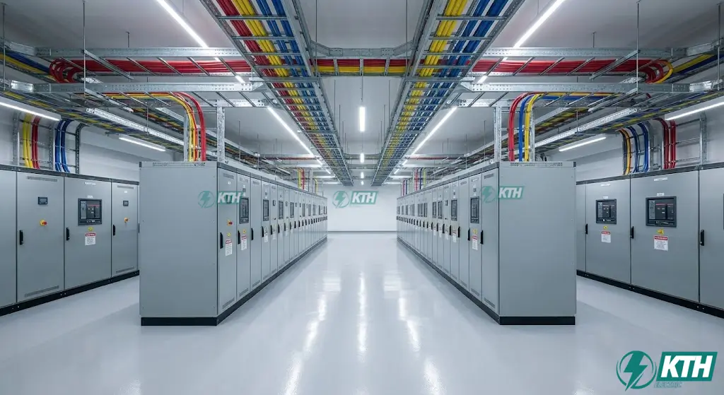 Hướng Dẫn Lắp Đặt Hệ Thống Điện Công Nghiệp: Quy Trình 8 Bước Chuẩn TCVN 1 Hệ thống tủ điện tổng MSB và thang máng cáp được lắp đặt chuyên nghiệp tại nhà máy công nghiệp đảm bảo tiêu chuẩn IEC 61439.