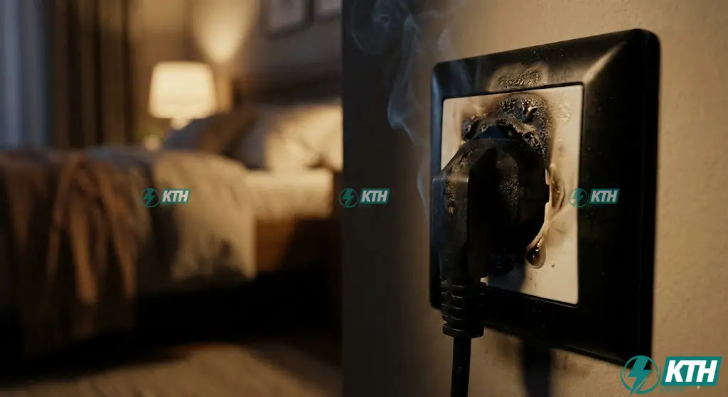 Hình ảnh ổ cắm điện bị nóng chảy và cháy xém nhựa do sử dụng thiết bị công suất lớn gây quá tải đường dây.