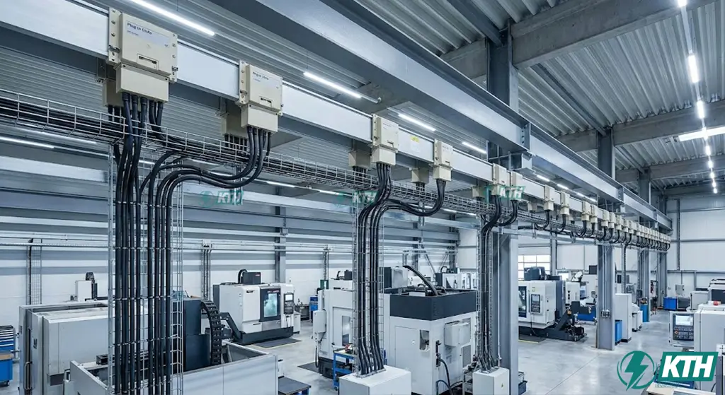 Hộp lấy điện Plug-in Unit được gắn trực tiếp trên thanh dẫn Busway giúp trích xuất nguồn điện linh hoạt cho nhà máy công nghiệp.