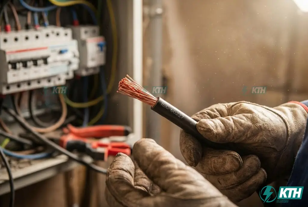 Chuyên gia KTH Electric thực hiện kiểm tra thực tế chất lượng lõi đồng sáng bóng của dây điện chuẩn IEC 60227 trước khi lắp đặt.