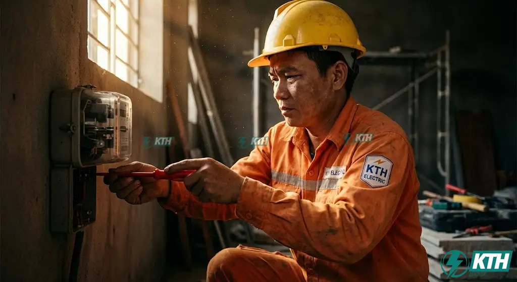 Kỹ thuật viên KTH Electric hướng dẫn đấu nối và lắp đặt công tơ điện 1 pha an toàn.