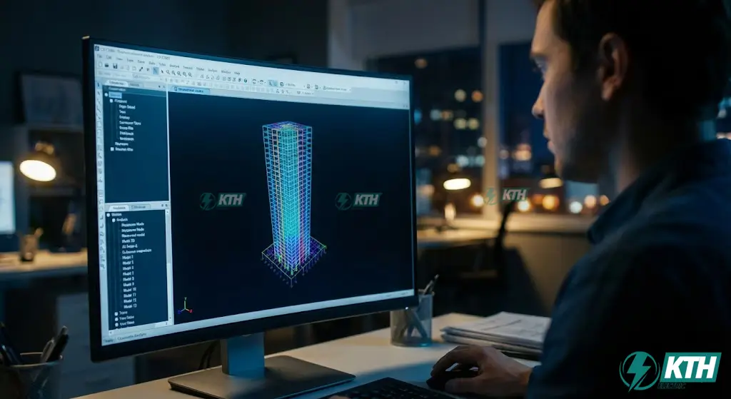 Màn hình giao diện phần mềm Etabs hiển thị mô hình 3D nhà cao tầng đang được khai báo hàm phổ phản ứng động đất theo tiêu chuẩn Eurocode 8 và TCVN 9386:2012.