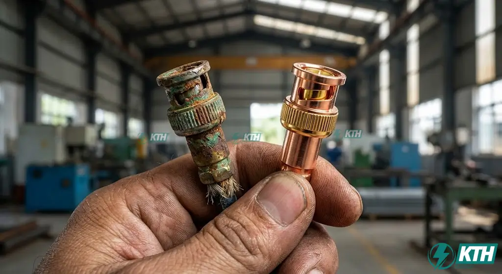 So sánh đầu jack BNC camera bị oxy hóa rỉ sét gây nhiễu tín hiệu và đầu jack mới chất lượng cao.