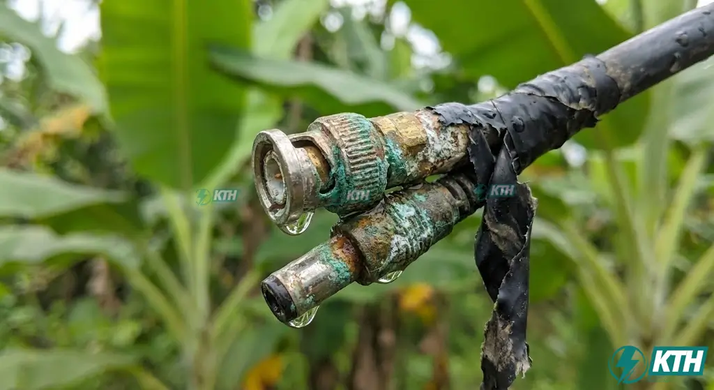 Jack BNC và jack nguồn DC camera bị rỉ sét, oxy hóa xanh do nước mưa ngấm vào vì không có hộp kỹ thuật.