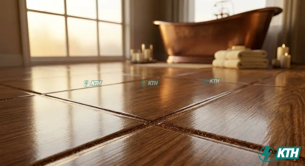 Sàn nhà tắm gạch giả gỗ sau khi được thay ron bằng keo Epoxy màu nâu cafe, đường ron sáng bóng, sạch sẽ và chống thấm.