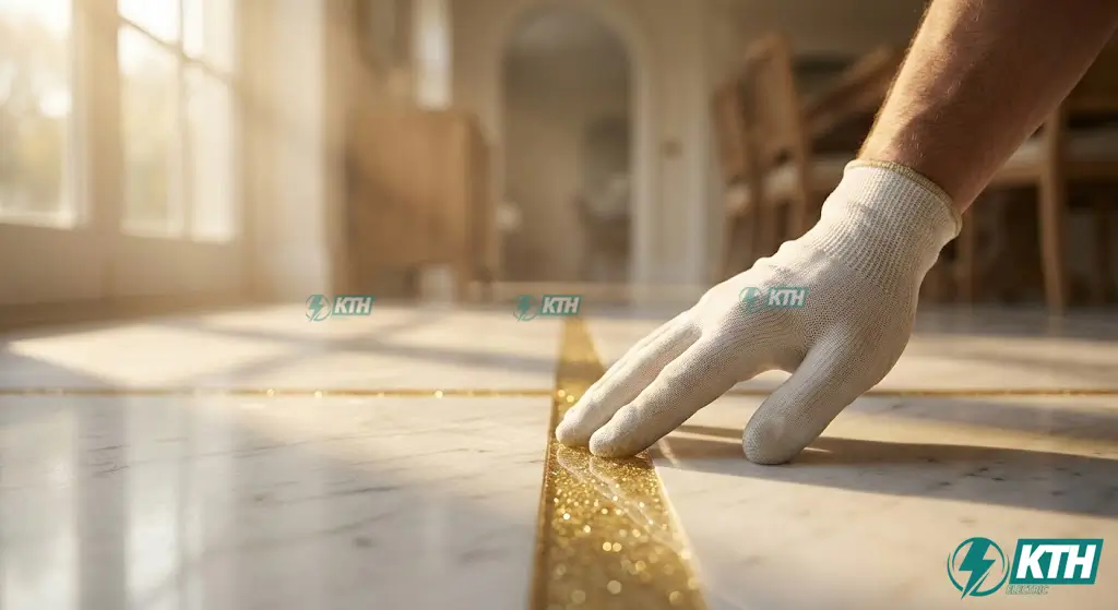 Cận cảnh đường ron gạch men sứ màu vàng kim bóng loáng sau khi thi công keo ron hai thành phần chống thấm tuyệt đối cho sàn đá Marble.