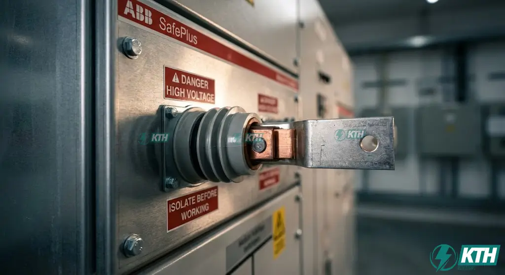 Chi tiết khớp nối thanh cái mở rộng bên hông tủ RMU ABB SafePlus cho phép ghép nối thêm ngăn tủ mới dễ dàng.