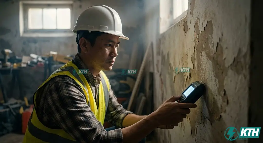 Kỹ sư KTH Electric đang khảo sát vết thấm ngược chân tường nhà bằng máy đo độ ẩm chuyên dụng tại TPHCM.