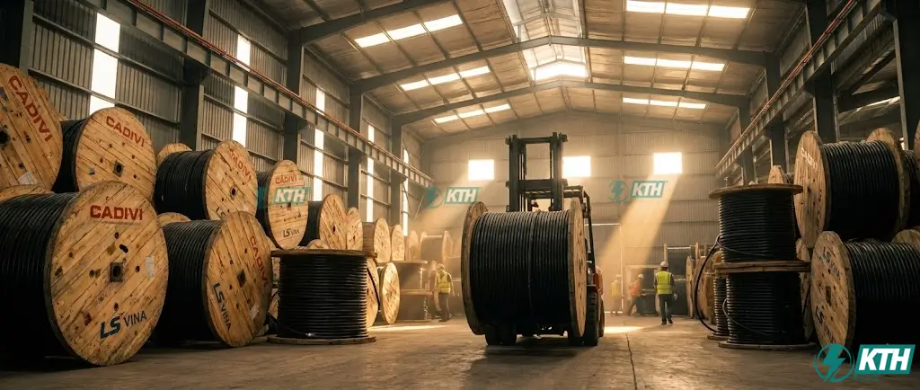 Kho hàng cáp điện 3 pha 4 lõi Cadivi và LS Vina quy mô lớn tại KTH Electric, sẵn sàng cung cấp cho các dự án công nghiệp với mức chiết khấu cao.