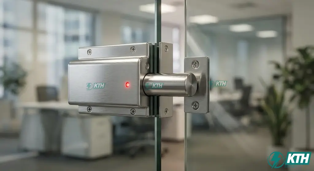 Cận cảnh khóa chốt rơi điện tử (Electric Bolt Lock) lắp đặt thẩm mỹ cho cửa kính cường lực văn phòng.