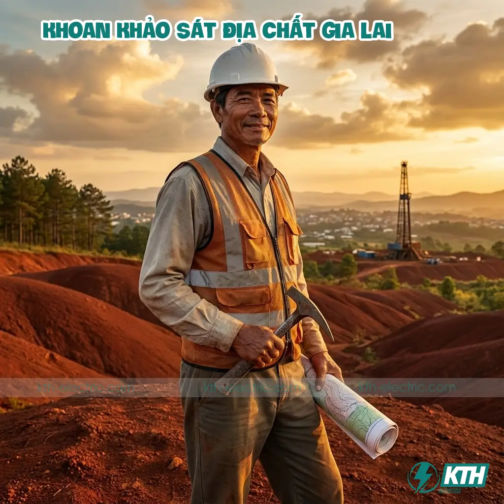 Khoan Khảo Sát Địa Chất Gia Lai: Xử Lý Đất Bazan & Báo Giá 2026 1 Kỹ sư địa chất KTH Electric khảo sát thực địa trên nền đất đỏ Bazan tại Pleiku, Gia Lai.