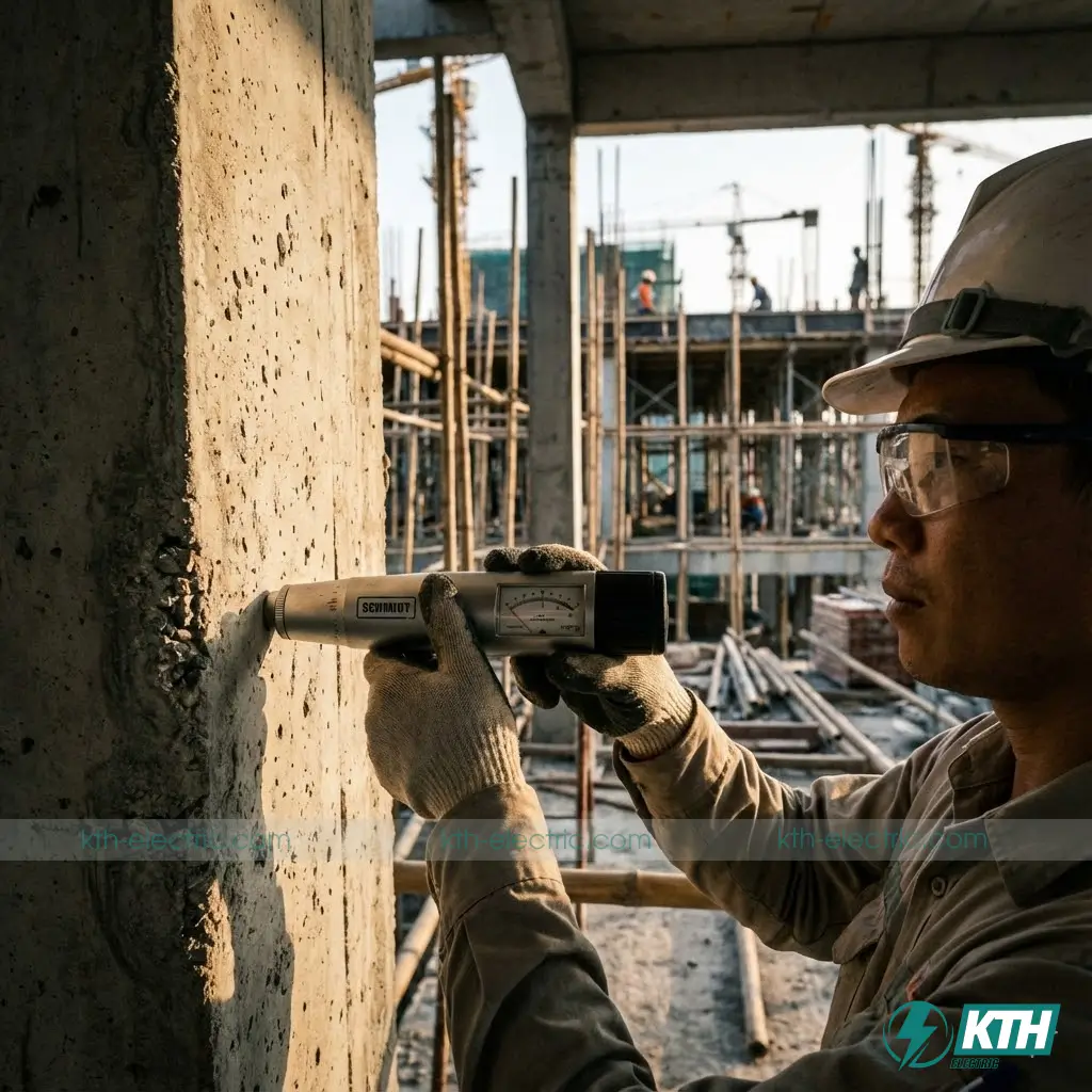 Kỹ sư sử dụng súng bật nảy (Schmidt Hammer) để kiểm tra cường độ bê tông tại công trình thực tế.