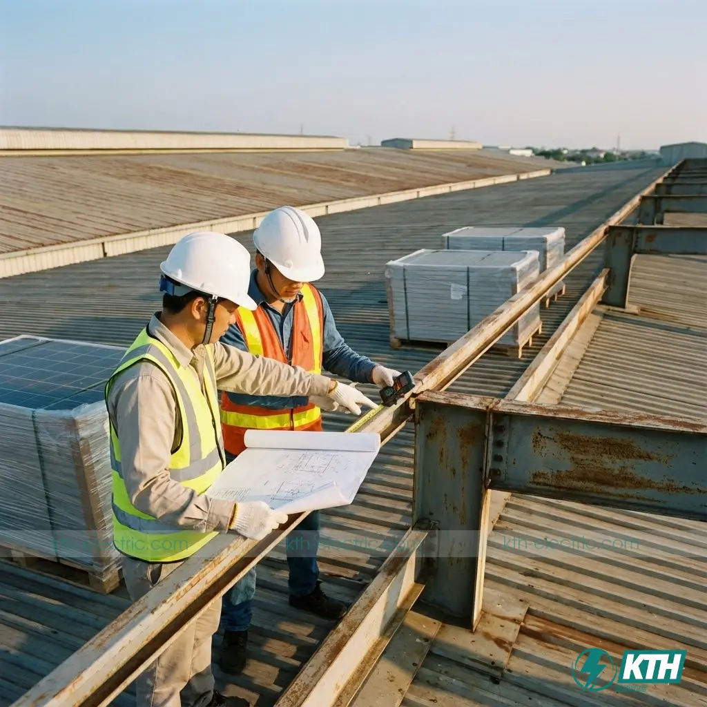 Đội ngũ kỹ sư kết cấu đang khảo sát khả năng chịu tải của mái tôn và xà gồ nhà xưởng trước khi tiến hành lắp đặt hệ thống pin năng lượng mặt trời áp mái.