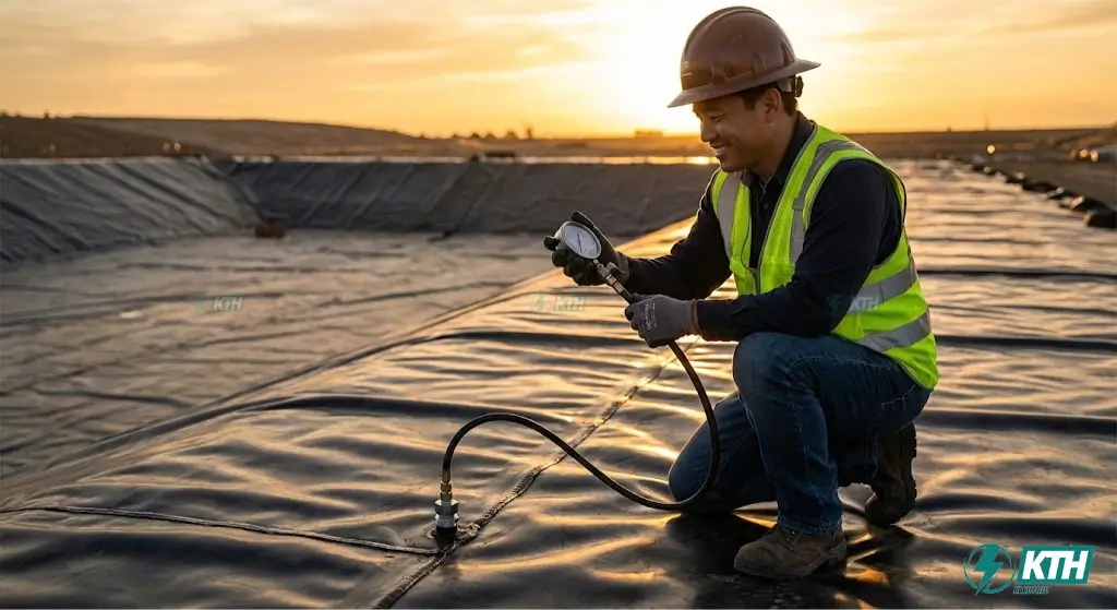 Quy trình kiểm tra chất lượng mối hàn bạt HDPE bằng phương pháp bơm khí nén rãnh hàn tiêu chuẩn quốc tế.