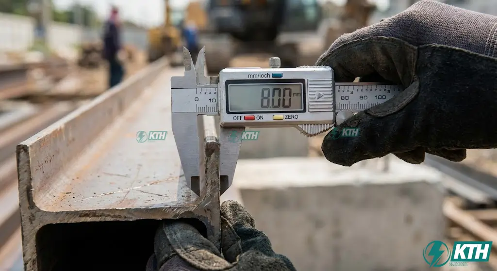 Kỹ sư sử dụng thước kẹp điện tử kiểm tra dung sai độ dày thép hình thực tế tại công trình để tránh thép âm.