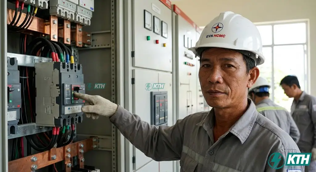 Chuyên gia KTH Electric đang kiểm tra tủ điện, hệ thống chống quá tải và PCCC cho trạm biến áp cấp nguồn trạm sạc.