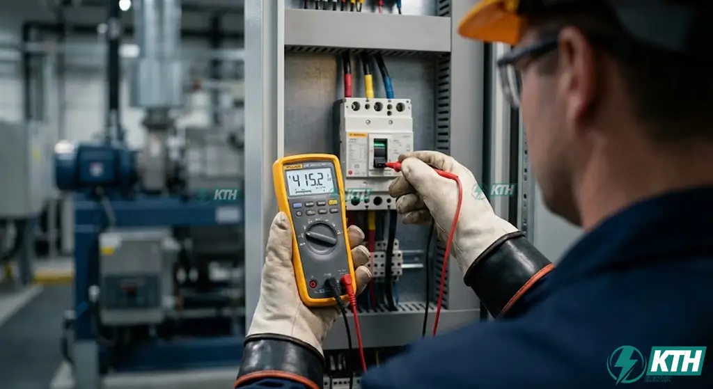 Kỹ sư điện sử dụng đồng hồ vạn năng đo điện áp dây để kiểm tra tình trạng mất cân bằng pha trong tủ điện công nghiệp.