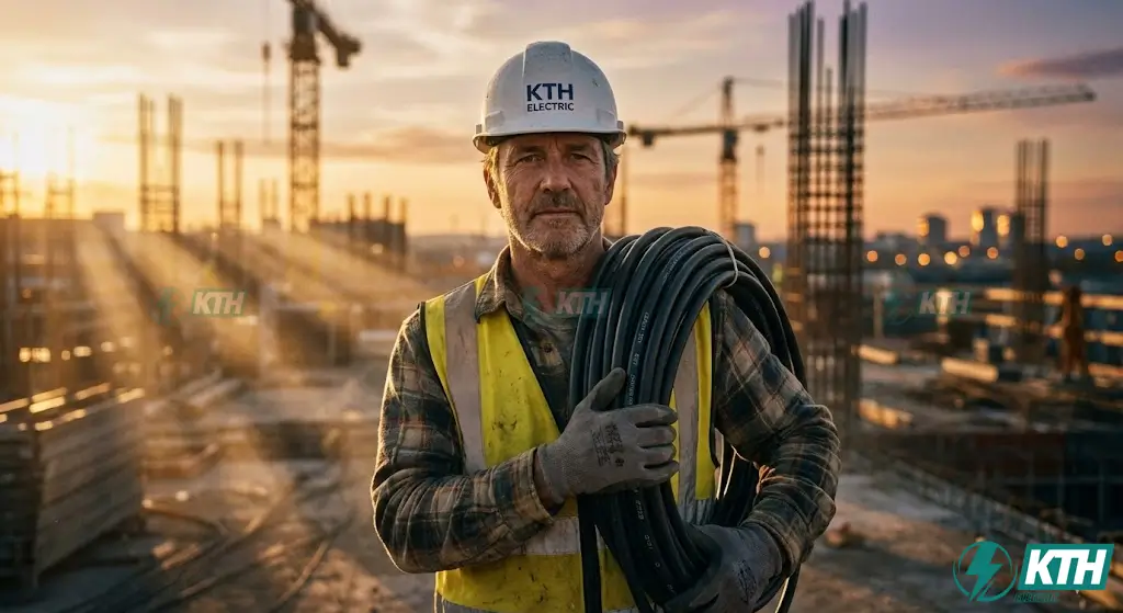 Kỹ sư điện KTH Electric giàu kinh nghiệm đang kiểm tra cuộn cáp điện tiêu chuẩn IEC 60227 tại công trình xây dựng quy mô lớn.