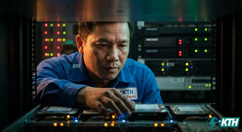 Chuyên gia kỹ thuật KTH Electric đang kiểm tra hệ thống ổ cứng camera giám sát tại phòng server chuyên nghiệ
