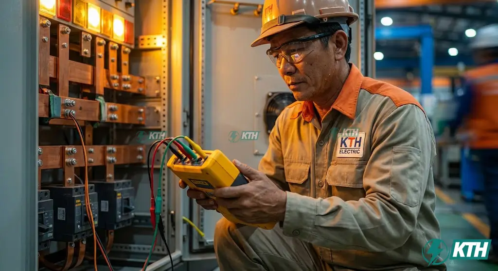 Kỹ sư điện KTH Electric sử dụng máy phân tích chất lượng điện Fluke 435-II đo sóng hài tại tủ điện tổng MSB nhà máy.